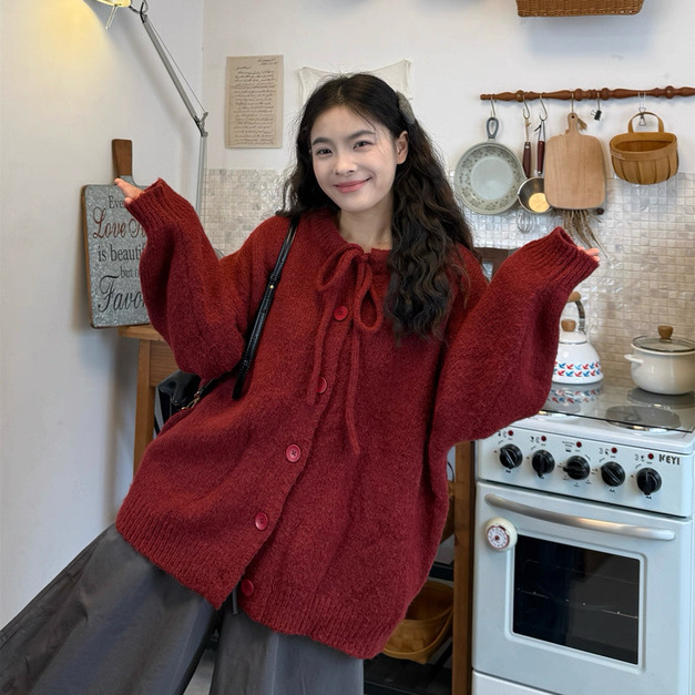 C477-Freeters酒紅色蝴蝶結綁帶排釦毛衣+深灰色氣球休閒寬褲 上衣+褲子｜一套打包優惠價