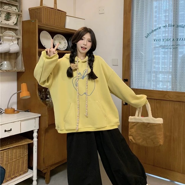 C478-Freeters彩色綁繩蘋果圖案黃色帽T+黑色休閒縮口寬褲 上衣+褲子｜一套打包優惠價