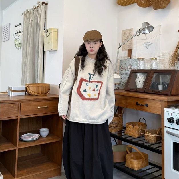 C480-Freeters蘋果圖案側麻花捲邊毛衣+黑色工裝縮口寬褲 上衣+褲子｜一套打包優惠價