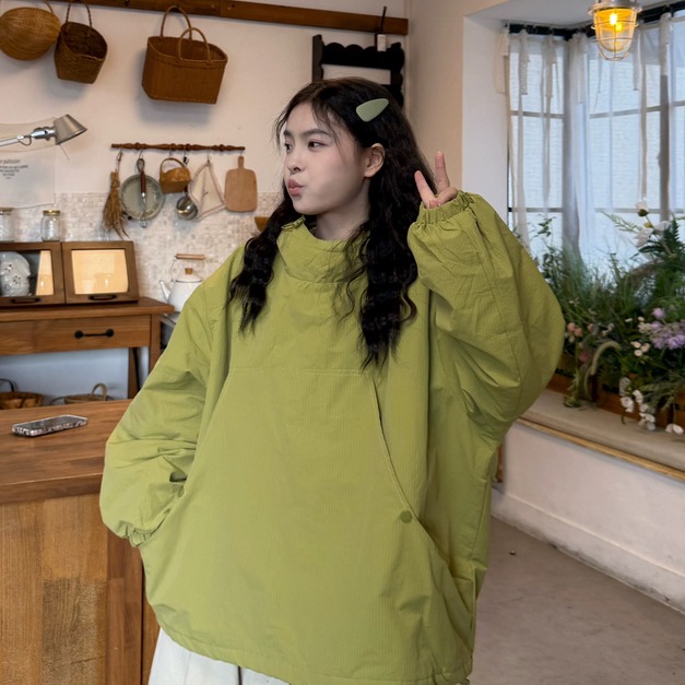 C484-Freeters蘋果綠寬鬆連帽鋪棉外套+米白色直筒打折九分寬褲 外套+褲子｜一套打包優惠價