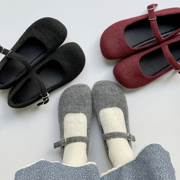 A599-Freeters細絨毛方頭一字帶芭蕾平底鞋 底高1cm