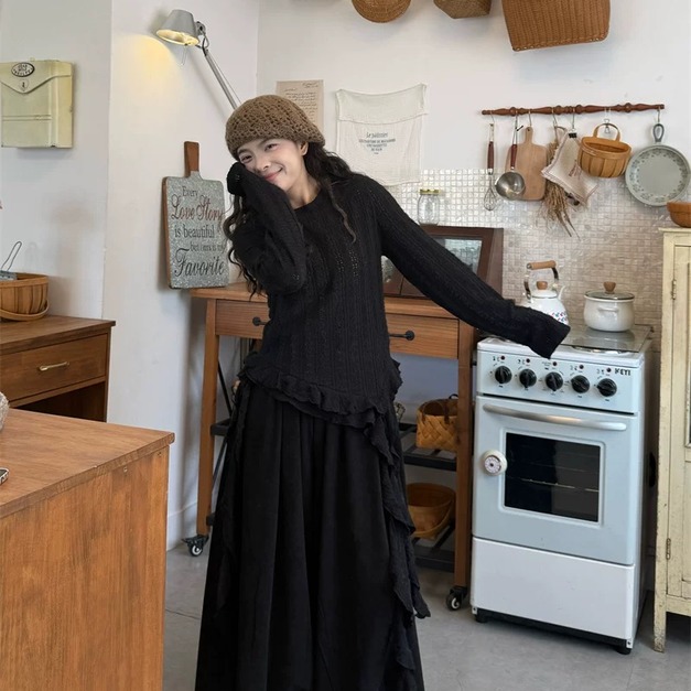 C487-Freeters排釦設計紗裙擺毛衣+下擺不規則荷葉邊上衣+黑色燈芯絨寬鬆傘狀長褲 毛衣+上衣+長褲｜一套打包優惠價