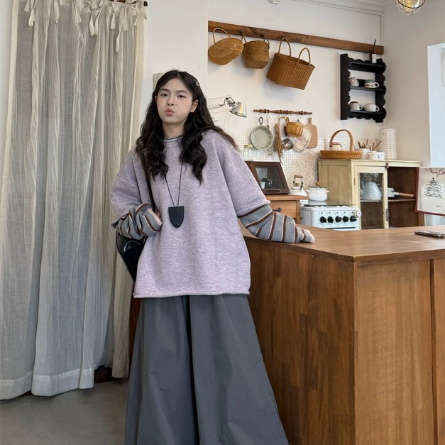 C488-Freeters條紋假兩件溫柔紫毛衣+深灰落地氣球寬褲 毛衣+長褲｜一套打包優惠價