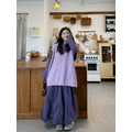 C489-Freeters粉嫩紫混毛疊穿針織背心+紫色微捲邊直坑條紋上衣+深紫色造型花苞長裙 背心+上衣+長裙｜一套打包優惠價