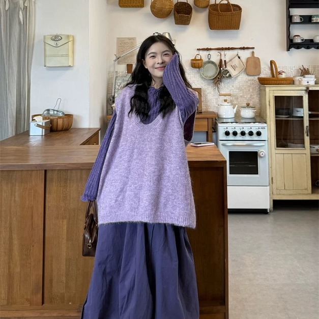 C489-Freeters粉嫩紫混毛疊穿針織背心+紫色微捲邊直坑條紋上衣+深紫色造型花苞長裙 背心+上衣+長裙｜一套打包優惠價