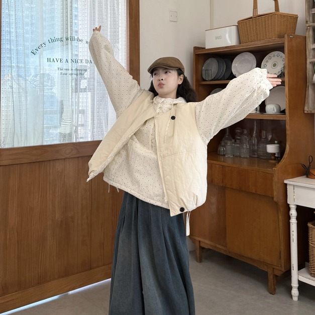 C491-Freeters米白色拉鍊鋪棉背心+白色點點口袋縮口上衣+深藍刷色牛仔寬褲 背心+上衣+長褲｜一套打包優惠價