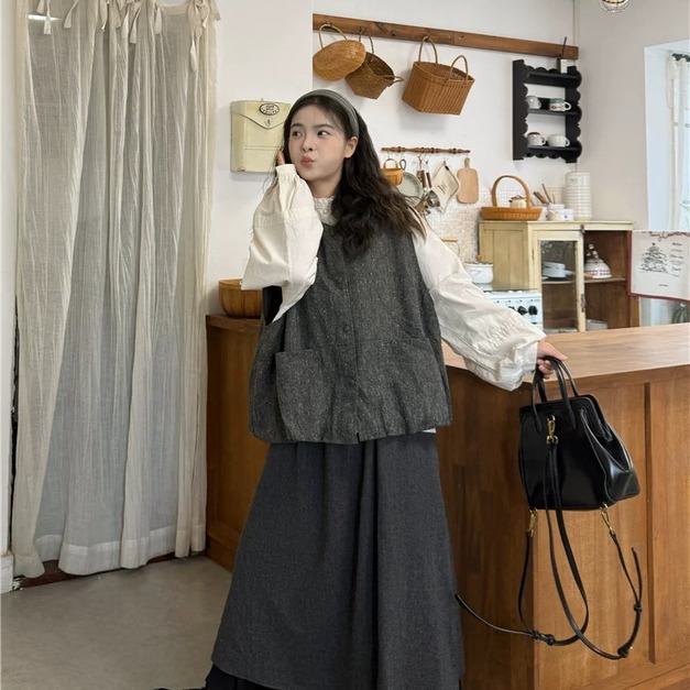 C492-Freeters大口袋雜白點深灰背心+抓皺領排釦杏色襯衫+黑色內裡假兩件長裙 背心+襯衫+長裙｜一套打包優惠價