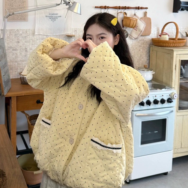 C493-Freeters奶黃點點蕾絲口袋鋪棉外套