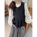 C496-Freeters花雕壓紋木質排釦襯衫+牛仔風捲邊傘狀裙擺背心+黑白格紋直筒寬褲 襯衫+背心+長褲｜一套打包優惠價_8