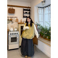 C495-Freeters黃色口袋鋪棉排釦背心+格紋花苞氣球寬褲+高領捲邊袖寬鬆打底上衣 背心+上衣+長褲｜一套打包優惠價_2