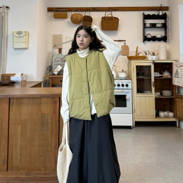 C495-Freeters黃色口袋鋪棉排釦背心+格紋花苞氣球寬褲+高領捲邊袖寬鬆打底上衣 背心+上衣+長褲｜一套打包優惠價