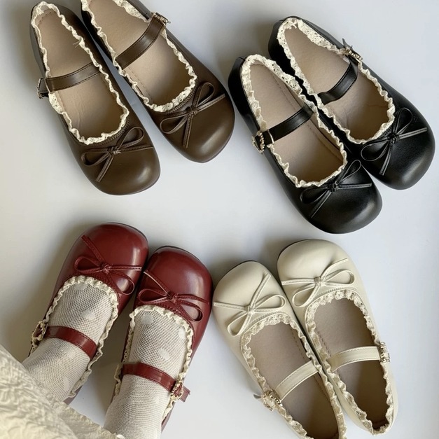 A609-Freeters蝴蝶結蕾絲花邊平底皮鞋 底高1cm