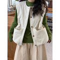 C499-Freeters森林綠高領木耳邊打底上衣+米白色排釦大口袋背心+米白色直筒燈芯絨褲 上衣+背心+長褲｜一套打包優惠價_7