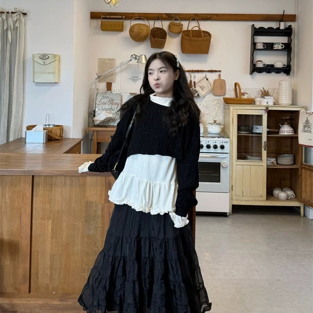 C498-Freeters黑色短版下擺不規則毛衣+翻領裙擺捲邊寬鬆上衣+黑色蛋糕層次紗裙 毛衣+上衣+長裙｜一套打包優惠價