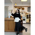 C498-Freeters黑色短版下擺不規則毛衣+翻領裙擺捲邊寬鬆上衣+黑色蛋糕層次紗裙 毛衣+上衣+長裙｜一套打包優惠價_2