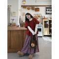 C504-Freeters小櫻桃微捲邊半高領上衣+小蘑菇羊羔毛短袖毛衣+小紅莓格子紋長裙_2