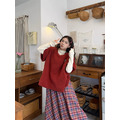 C504-Freeters小櫻桃微捲邊半高領上衣+小蘑菇羊羔毛短袖毛衣+小紅莓格子紋長裙_8