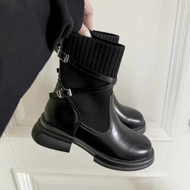 B147-Freeters交叉繞踝坑條皮革中筒靴 底高4cm