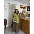 C505-Freeters酪梨綠寬鬆微捲邊上衣+假兩件芥末黃混毛毛線背心+棕色打折直筒寬褲_3