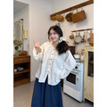 C512-Freeters杏色圓領下擺綁帶襯衫+日系提花側綁帶設計背心+深藍花邊拼接直筒長褲_8