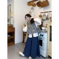 C512-Freeters杏色圓領下擺綁帶襯衫+日系提花側綁帶設計背心+深藍花邊拼接直筒長褲_6