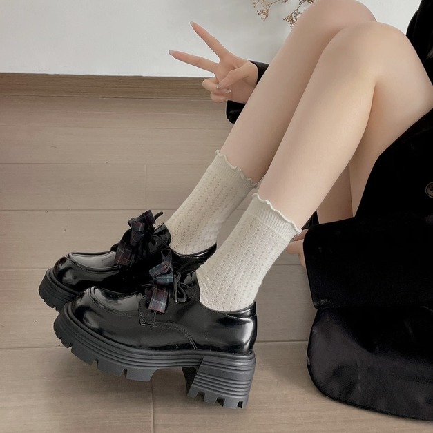 A615-Freeters格紋蝴蝶結厚底啞光皮鞋 底高7cm