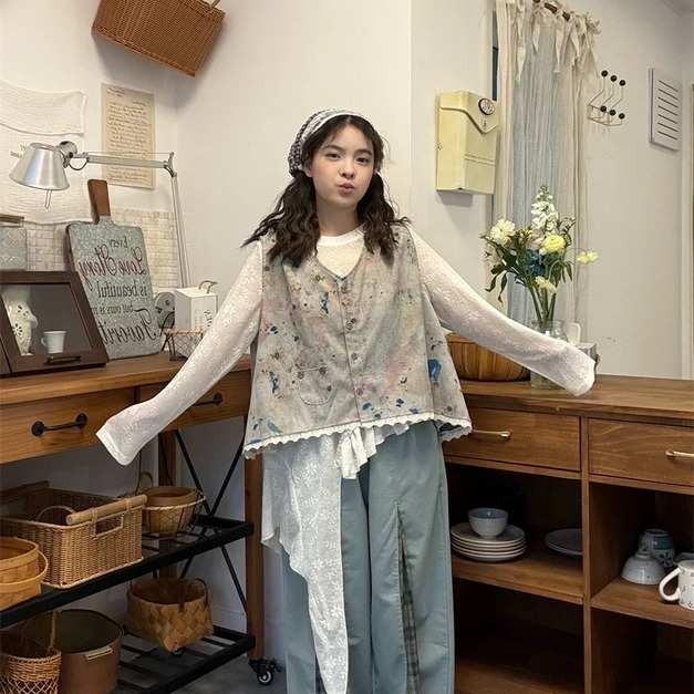 C514-Freeters透膚設計不規則裙襬上衣+水墨暈染蕾絲下擺背心+拼接格紋裙襬寬褲