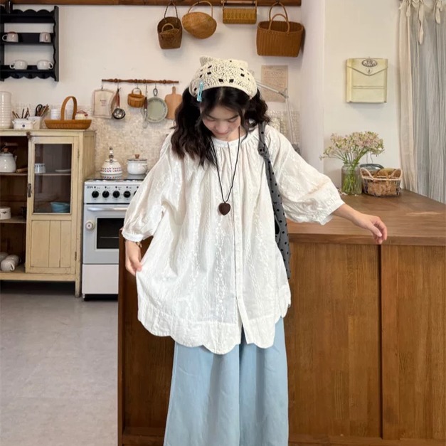 C519-Freeters提花透透襯衫五分袖上衣+寶寶藍蛋糕捲邊寬褲