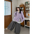 C520-Freeters溫柔紫側開衩玫瑰針織毛衣+拼接設計下擺蕾絲襯衫+深灰氣球寬褲