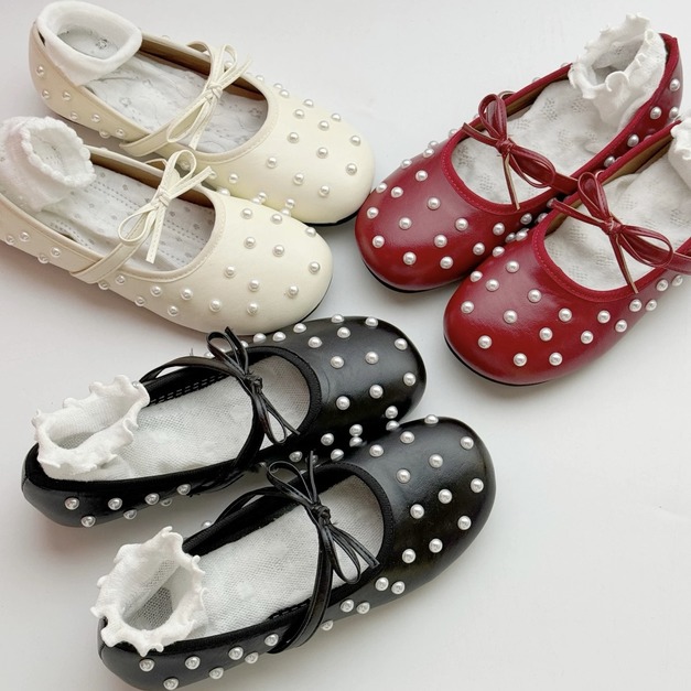 A621-Freeters立體滿版珍珠蝴蝶結平底皮鞋 底高2cm