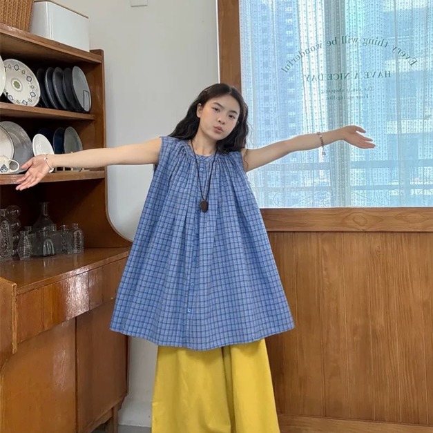 C530-Freeters藍黃格紋裙擺背心上衣+黃色捲邊直筒寬褲
