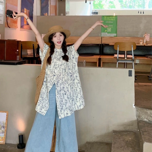 C533-Freeters甜美圓領碎花中長版襯衫