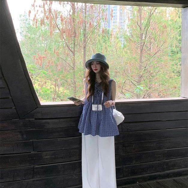 C534-Freeters藍格紋綁帶無袖裙擺背心