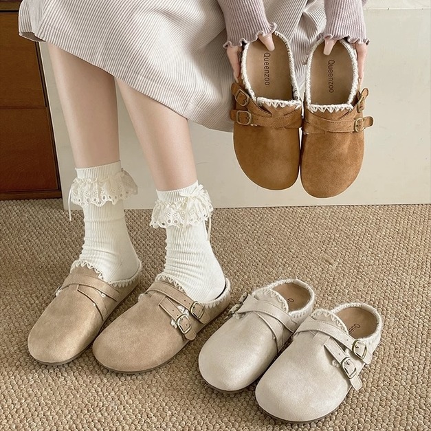 S242-Freeters毛線滾邊交叉平底勃肯拖鞋 底高3cm