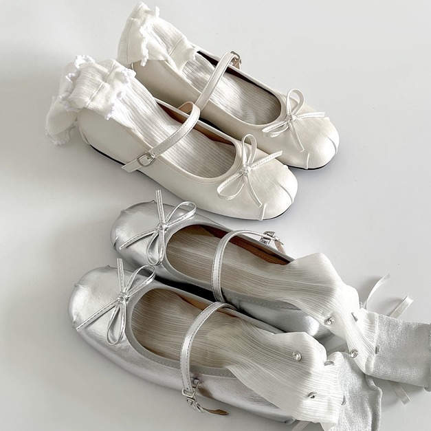 A624-Freeters貝殼質感蝴蝶結平底瑪莉珍鞋 底高1+3cm