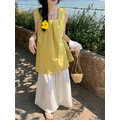 C538-Freeters小鴨黃方領側排釦寬鬆背心+杏色雪紡直筒休閒長褲_1