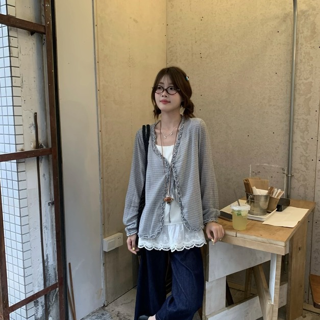 C541-Freeters格紋捲邊綁帶罩衫+假兩件吊帶裙襬蕾絲背心