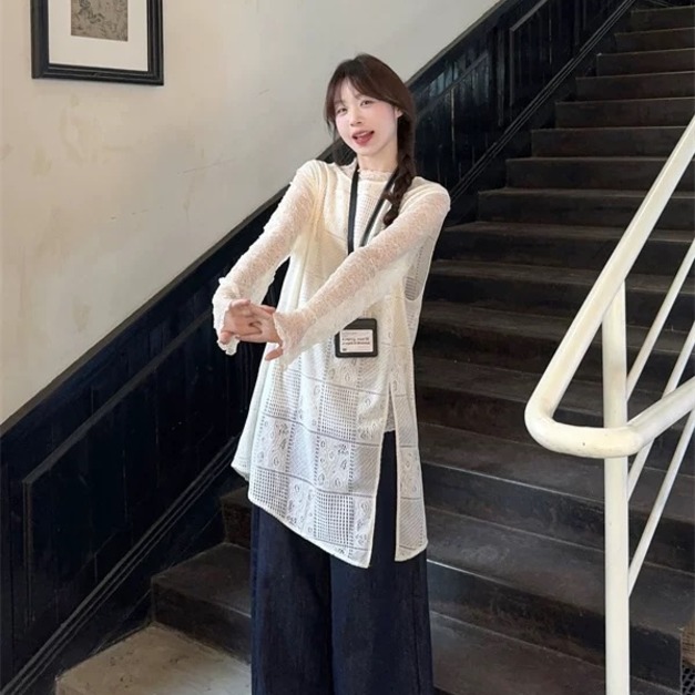 C539-Freeters格紋簍空側開衩設計疊穿背心+白色蕾絲紋理打底上衣