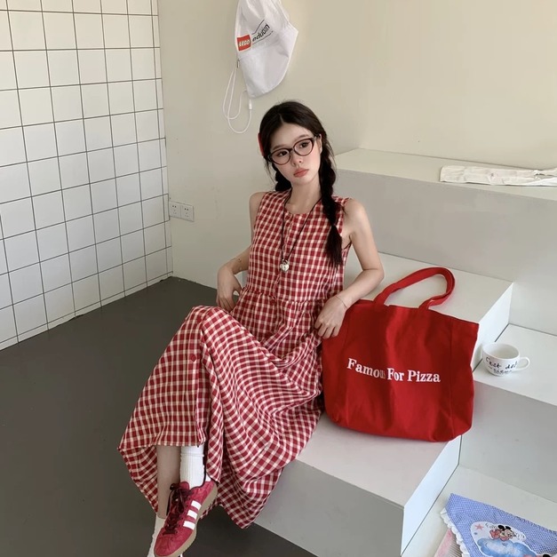 C542-Freeters紅白格紋排釦連身洋裝