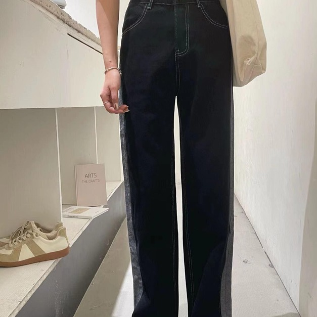 【現貨】雙邊撞色直筒牛仔寬褲
