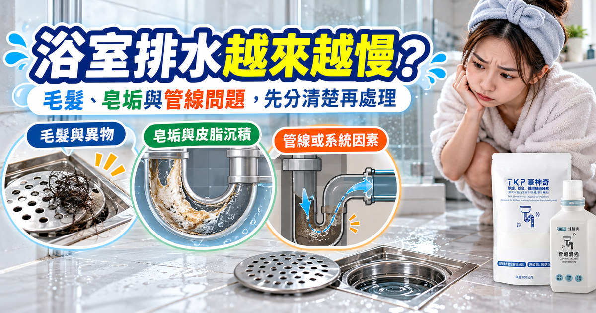 浴室排水慢怎麼辦？毛髮、皂垢與管線問題排查｜TKP清潔研究室