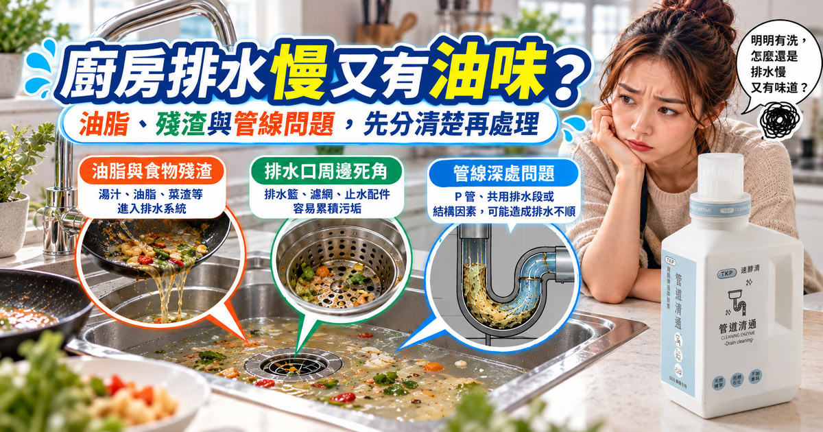 廚房排水慢怎麼辦？油脂、食物殘渣與管線問題排查｜TKP清潔研究室