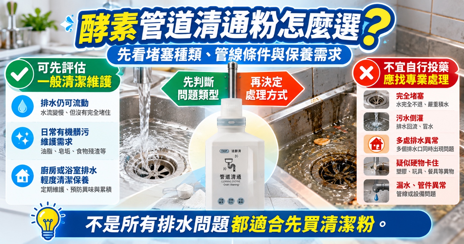 酵素管道清通粉怎麼選？用途、限制與保養觀念｜TKP清潔研究室