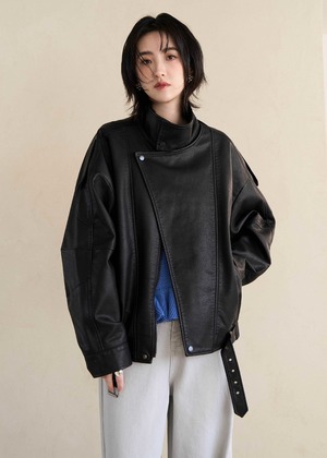 側釦立領寬鬆皮革外套