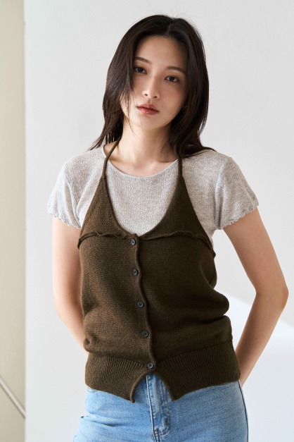 繞頸綁帶排釦針織背心
