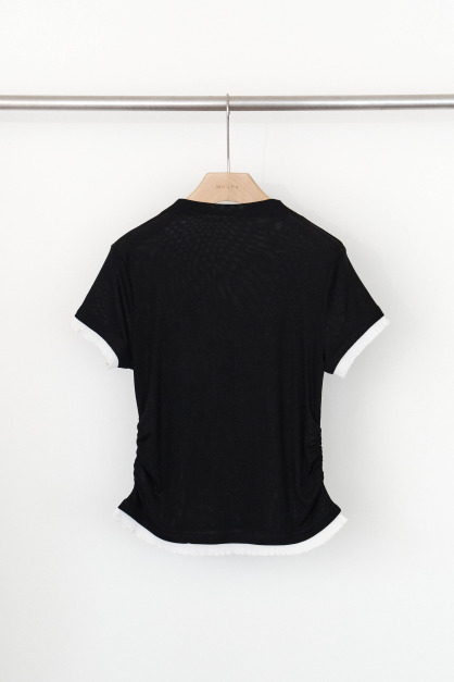 百褶拼接微領柔膚上衣