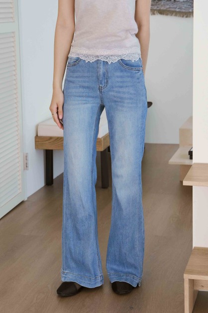 小開衩微喇牛仔褲