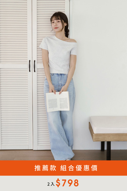 斜領露肩修身短袖上衣