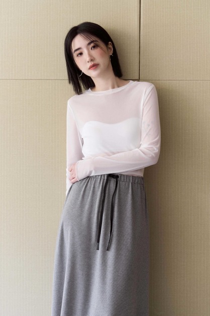 彈性網紗木耳邊上衣