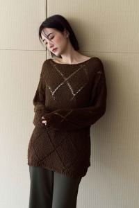 簍空菱格中長版針織衣